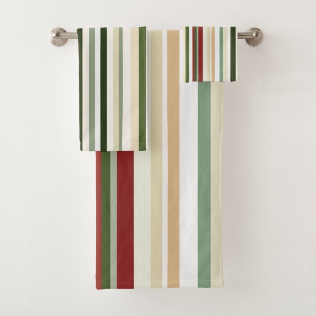 Olive, green and red Stripes Bath Towel Set (Insitu)