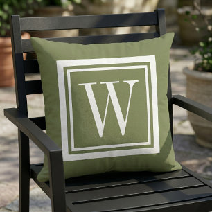 Olive Green and White Classic Square Monogram Outdoor Pillow