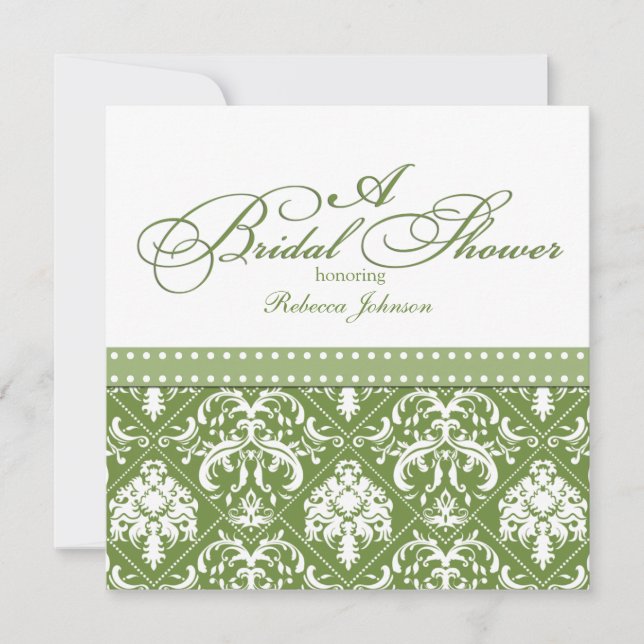 Olive Green and White Damask Bridal Shower Invitation (Front)