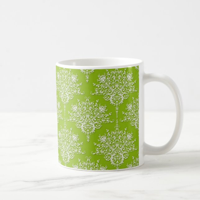 Olive Green and White Damask Coffee Mug (Right)