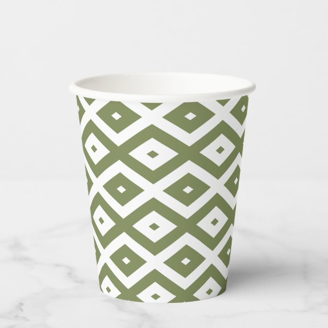 Olive green and white diamond pattern paper cups (Front)