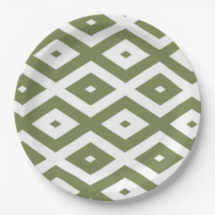 Olive green and white diamond pattern paper plate