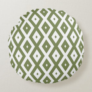 Olive green and white diamond pattern round pillow