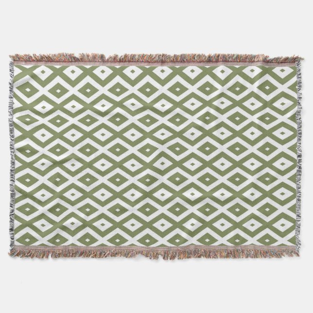 Olive green and white diamond pattern throw blanket (Front)