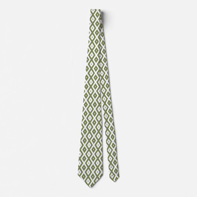 Olive green and white diamond pattern tie (Front)