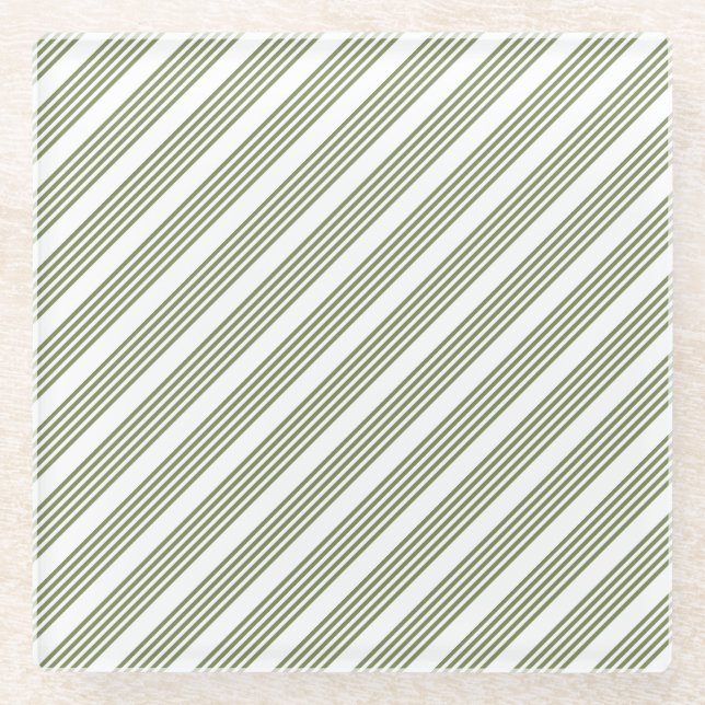 Olive green and white five stripe pattern glass coaster (Front)