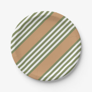 Olive green and white five stripe pattern with tan paper plate