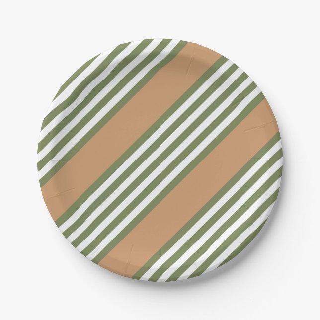 Olive green and white five stripe pattern with tan paper plate (Front)