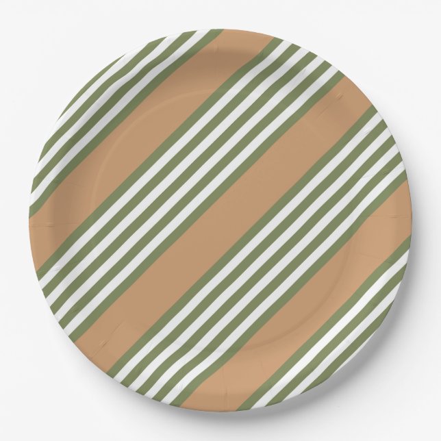 Olive green and white five stripe pattern with tan paper plate (Front)