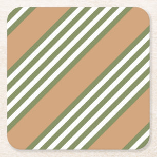 Olive green and white five stripe pattern with tan square paper coaster