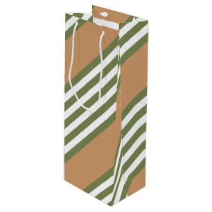 Olive green and white five stripe pattern with tan wine gift bag