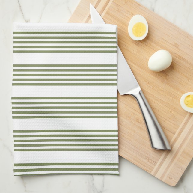 Olive green and white five stripes pattern kitchen towel (Quarter Fold)