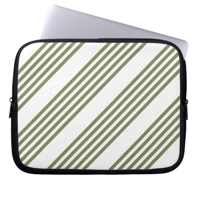 Olive green and white five stripes pattern laptop sleeve (Front)