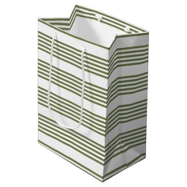 Olive green and white five stripes pattern medium gift bag (Front Angled)