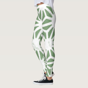 Olive green and white geometric pattern leggings