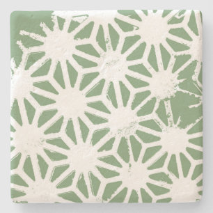 Olive green and white geometric pattern stone coaster