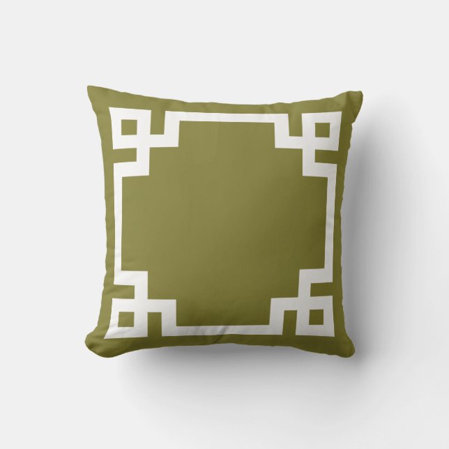 Olive Green and White Greek Key Border Throw Pillow (Front)