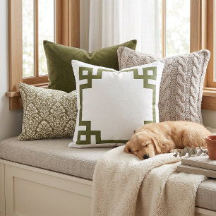 Olive Green and White Greek Key Editable Colours Outdoor Pillow