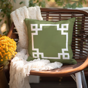 Olive Green and White Greek Key   Editable Colours Outdoor Pillow