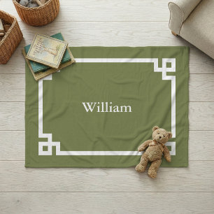 Olive Green and White Greek Key Monogram Fleece Blanket