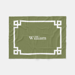 Olive Green and White Greek Key Monogram Fleece Blanket