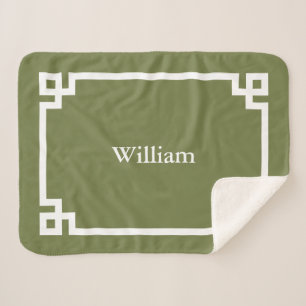 Olive Green and White Greek Key Monogram Sherpa Blanket
