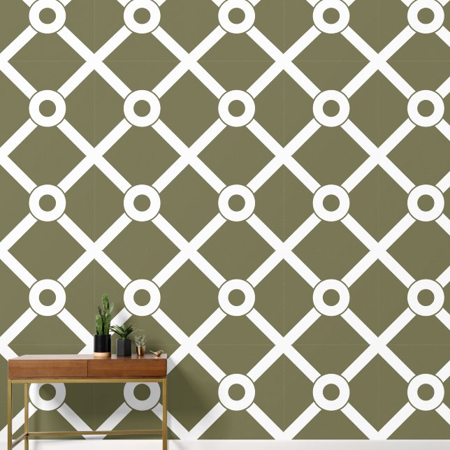 Olive Green and White Modern Lattice Wallpaper (Hallway)