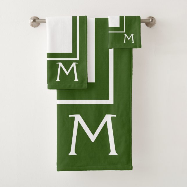 Olive Green and White Monogram Bath Towel Set (Insitu)