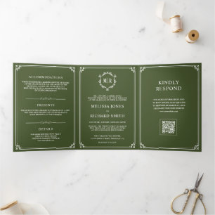 Olive Green and White Monogram QR Code Wedding Tri-Fold Invitation