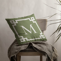 Olive Green and White Monogrammed Greek Key Border