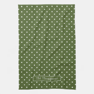 Olive Green And White Polka Dots With Name Kitchen Towel