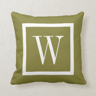 Olive Green and White Preppy Square Monogram Throw Pillow
