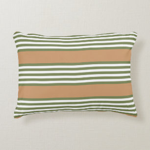 Olive green and white stripes pattern with tan accent pillow