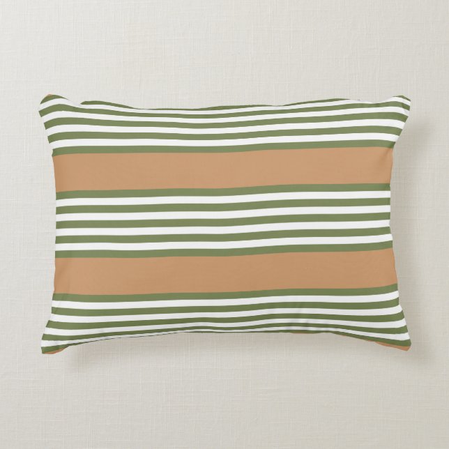 Olive green and white stripes pattern with tan accent pillow (Front)