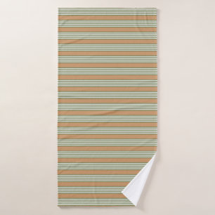 Olive green and white stripes pattern with tan bath towel