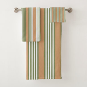 Olive green and white stripes pattern with tan bath towel set