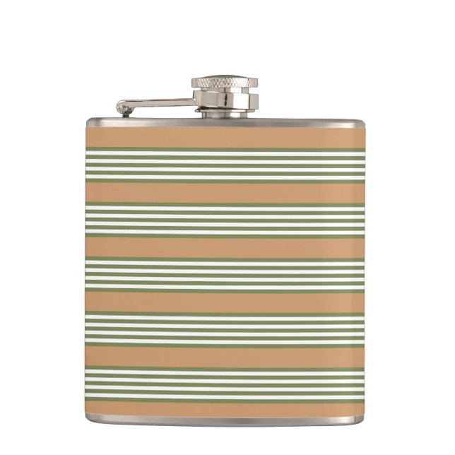 Olive green and white stripes pattern with tan hip flask (Front)