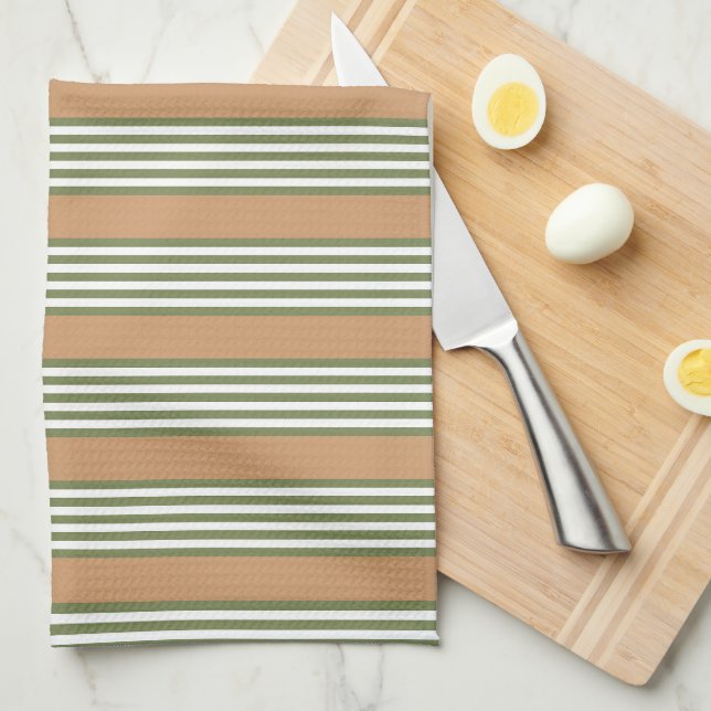 Olive green and white stripes pattern with tan kitchen towel (Quarter Fold)