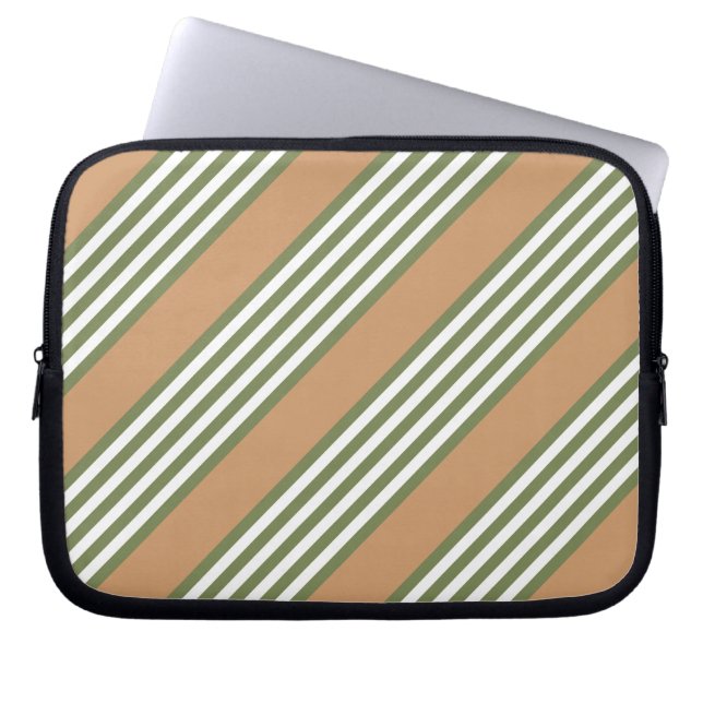 Olive green and white stripes pattern with tan laptop sleeve (Front)