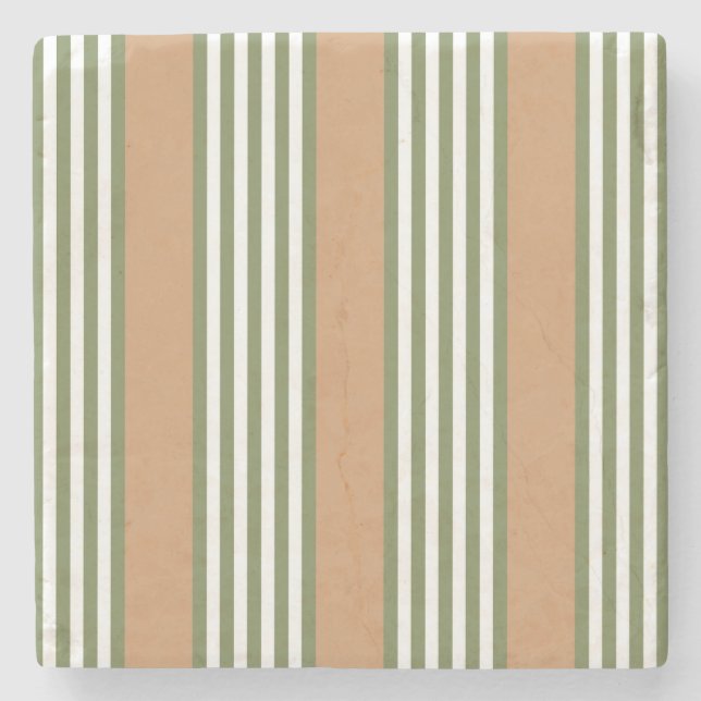 Olive green and white stripes pattern with tan stone coaster (Front)