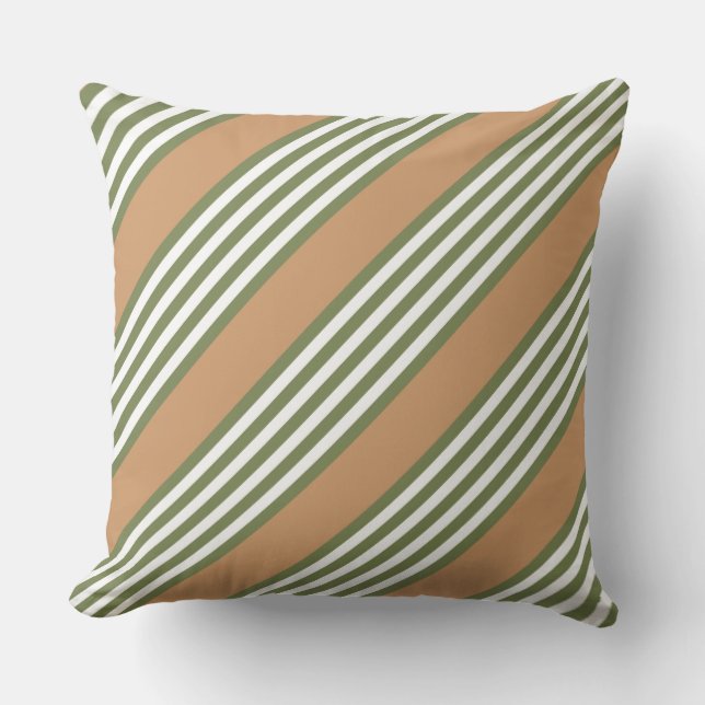Olive green and white stripes pattern with tan throw pillow (Front)