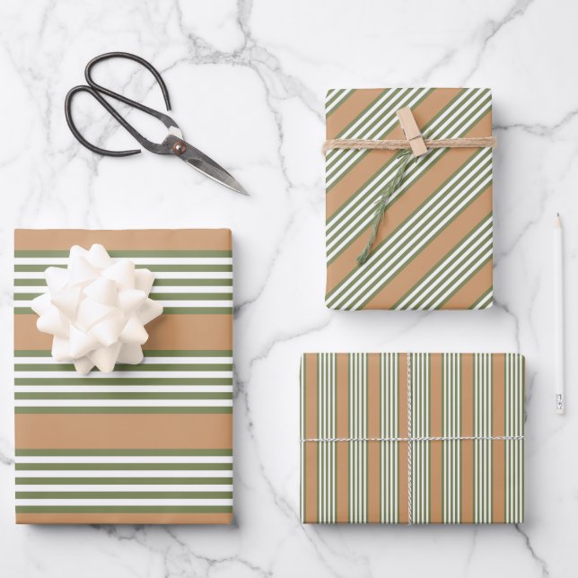 Olive green and white stripes pattern with tan wrapping paper sheet (Front)