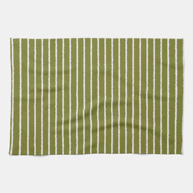 Olive Green and White Stripes with Uneven Lines Kitchen Towel (Horizontal)