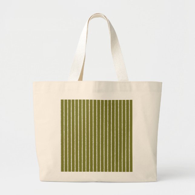 Olive Green and White Stripes with Uneven Lines Large Tote Bag (Front)
