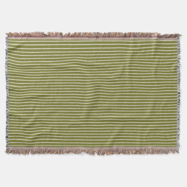 Olive Green and White Stripes with Uneven Lines Throw Blanket (Front)