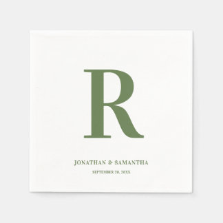 Olive Green and White Wedding Monogram Modern Napkin