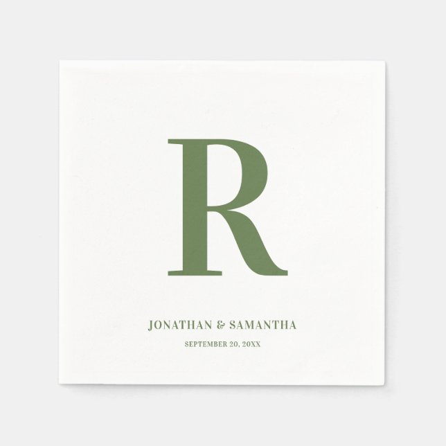 Olive Green and White Wedding Monogram Modern Napkin (Front)