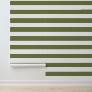 Olive Green and White Wide Horizontal Stripes Wallpaper