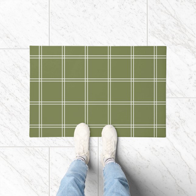 Olive Green and White Windowpane Check Doormat (Indoor)