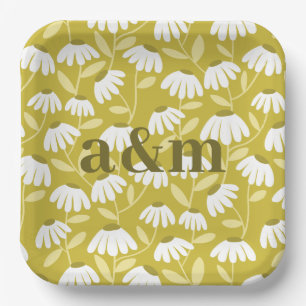 Olive Green Anniversary Wedding Monogram Daisies Paper Plate